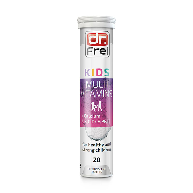 Мультивітаміни Dr. Frei Kids Multivitamins + Кальцій А, В, С, D3, E, PP, H, 20 шипучих таблеток